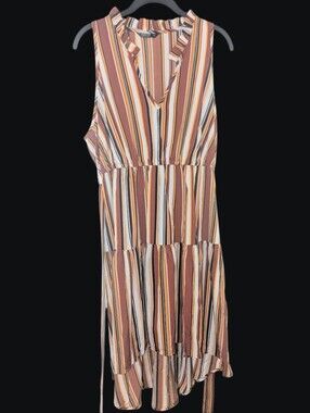 SHEIN CURVE Striped Sleeveless Tiered Midi Dress - Size 1XL